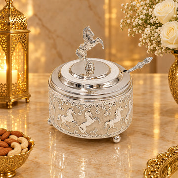 Silver Plated Horse Spoon Bowl | Decorative Serving Bowl with Horse Lid & Spoon | 5 Inch