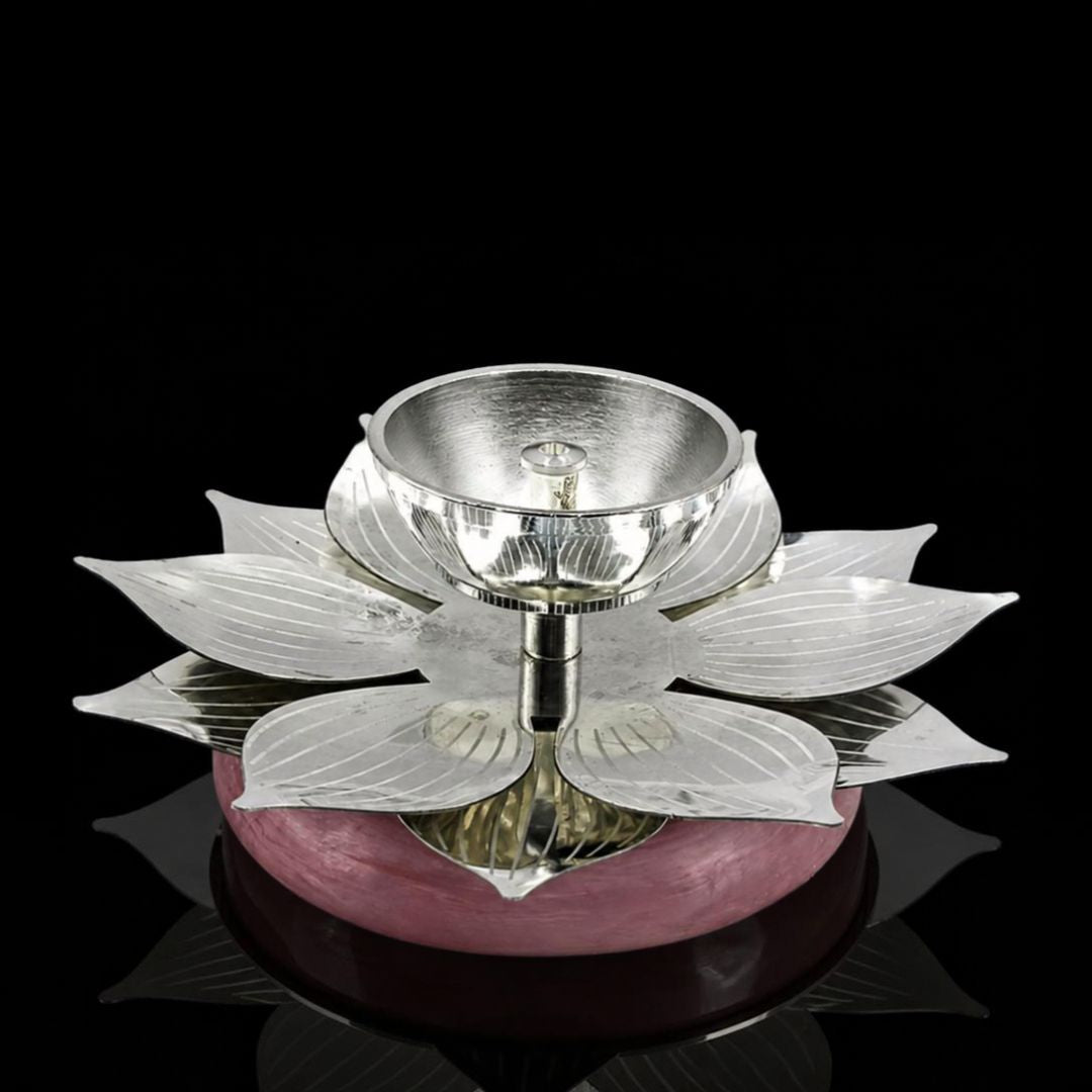 Silver Plated Lotus Diya with Rose Pink Quartz Base for Pooja Decor