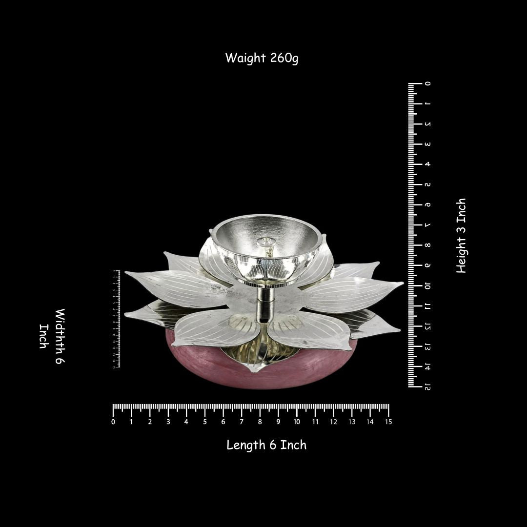 Silver Plated Lotus Diya with Rose Pink Quartz Base for Pooja Decor