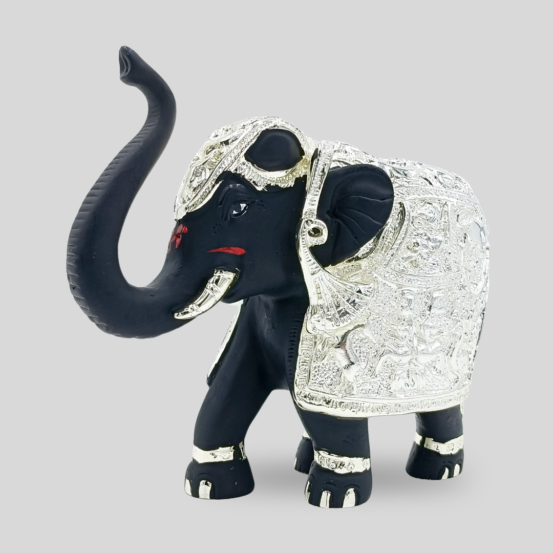 Silver Black Coated Elephant Decorative With Kamdhenu Design