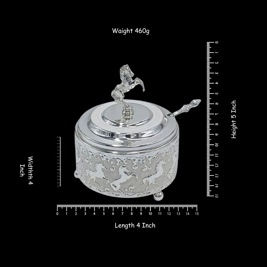 Silver Plated Horse Spoon Bowl | Decorative Serving Bowl with Horse Lid & Spoon | 5 Inch