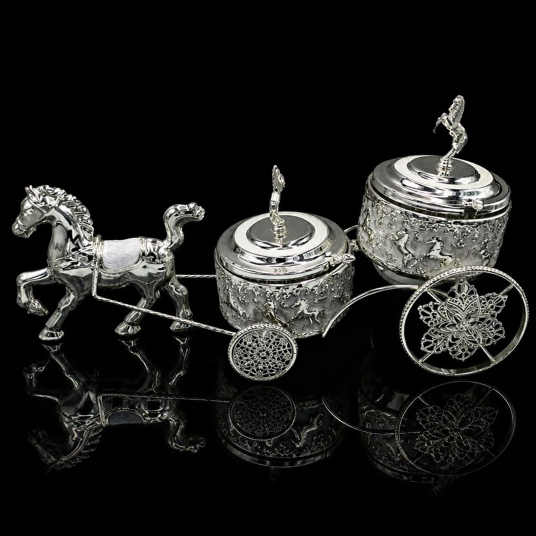 Luxury Horse Cart Dry Fruit Bowl 16 Inch | Silver Plated Royal Dry Fruit Bowl | Decorative Horse Carriage Fruit Bowl | Premium Gift