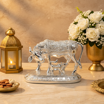 Kamdhenu Cow with Calf Statue |Silver Finish Hindu Idol | Vastu Home Decor | Pooja Room Showpiece