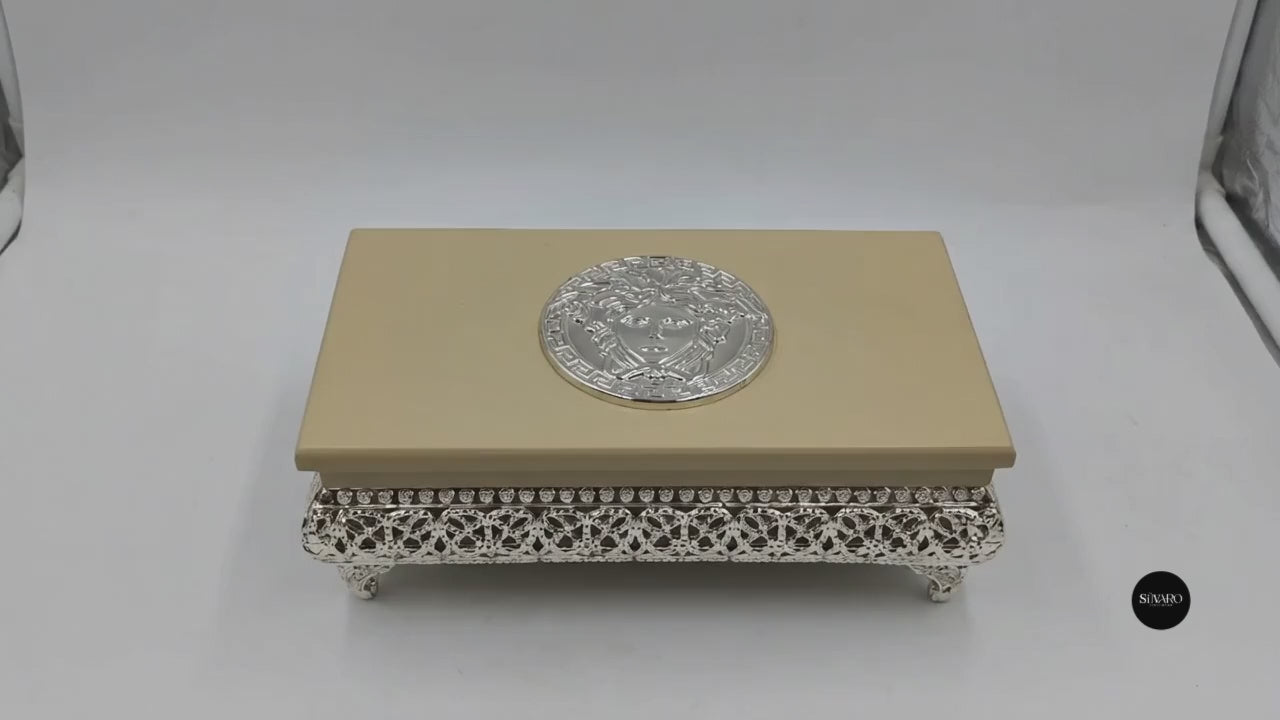 Luxury Style Decorative Wood & Silver Jewelry Box with Silver Medusa-Inspired Design