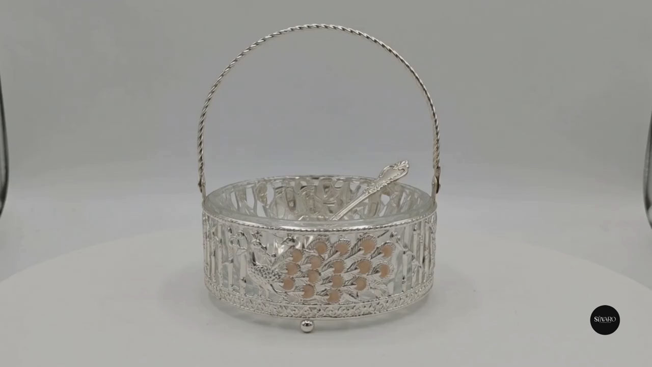 Silver-coated Peacock Design Dry Fruit & Sweet Basket