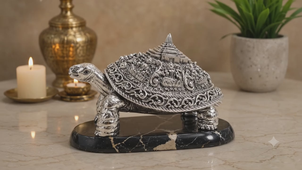 999 Silver Plated Vastu Turtle with Temple Design on Marble Base | Decorative Feng Shui & Spiritual Home Decor