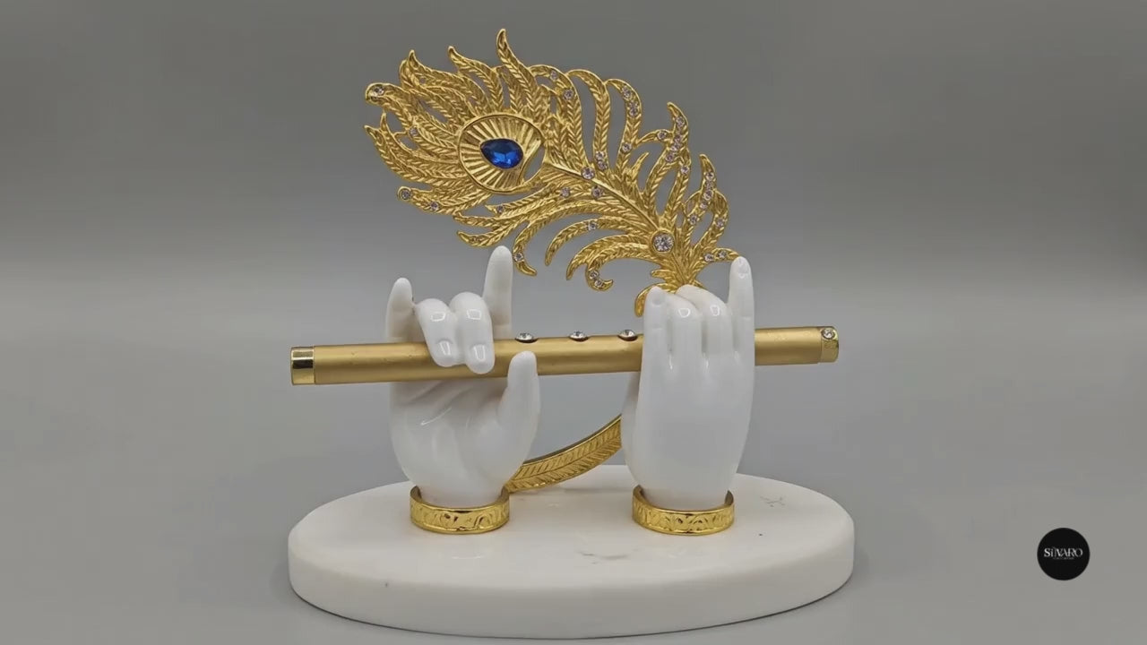Premium Lord Krishna’s Divine Hands Car Dashboard Idol – 10 cm Gold Plated Flute Holder & Stone Base