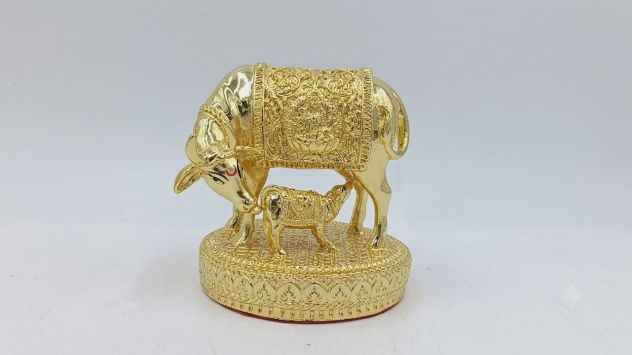 Kamdhenu Cow with Calf Statue | Gold Finish Hindu Idol | Vastu Home Decor | Pooja Room Showpiece