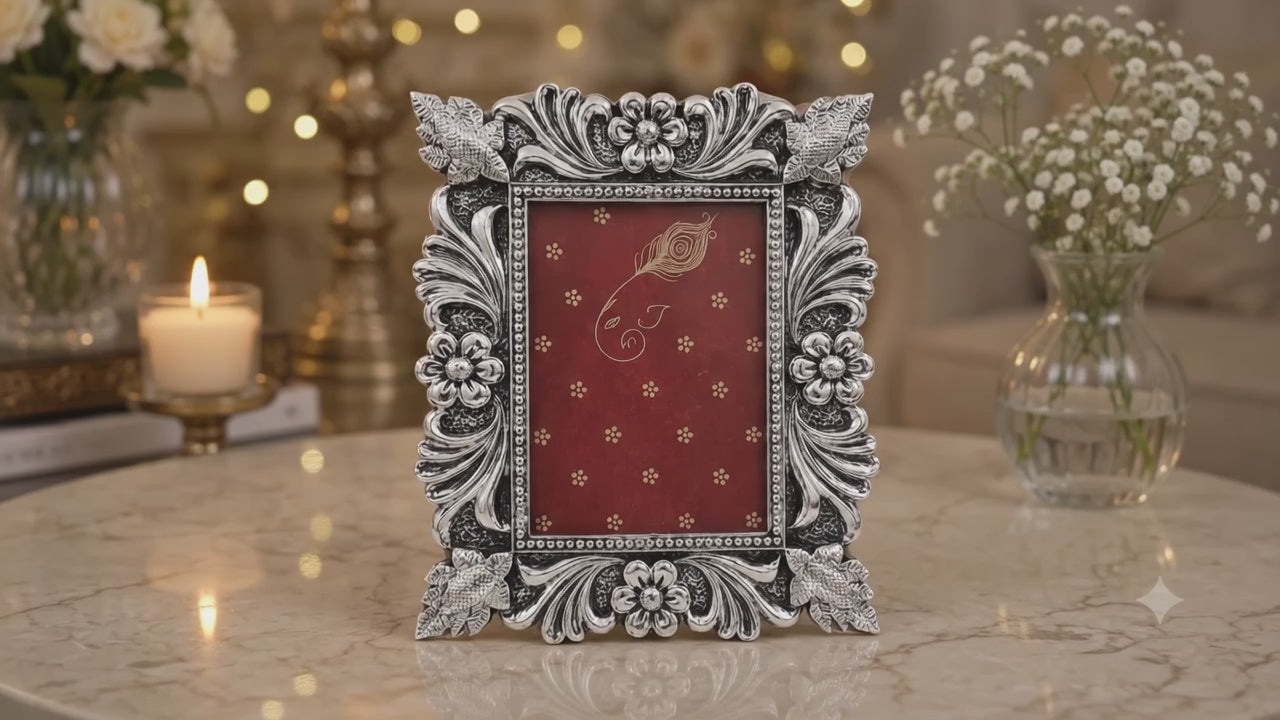 999 Silver Plated Designer Photo Frame | Decorative Floral Picture Frame for Tabletop & Home Décor | Gift Frame for Family Photos