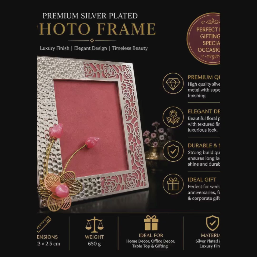 Silver Plated Floral Photo Frame with Pink Flower | Luxury Decorative Picture Frame | Table Top Home Decor | Wedding Gift