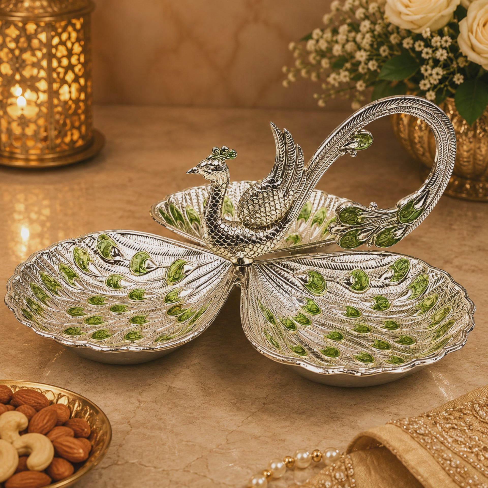 Peacock Serving Bowl Set | 3 Section Dry Fruit Tray | Decorative Candy Dish | Luxury Peacock Centerpiece | Wedding Gift | Home Decor Bowl