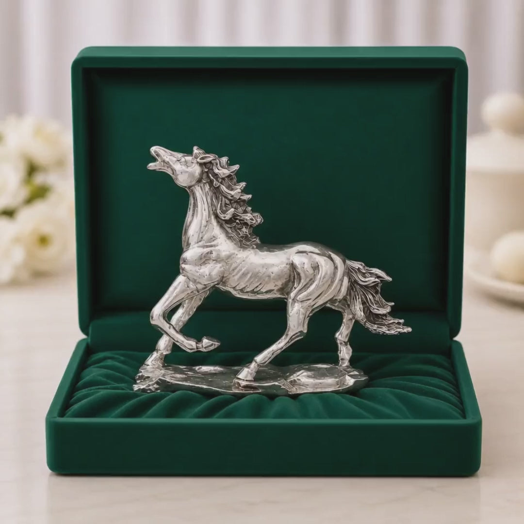999 Silver Plated Runing Horse Showpiece for Home Decor | Lucky Horse Figurine Statue | Tabletop Decorative Accent