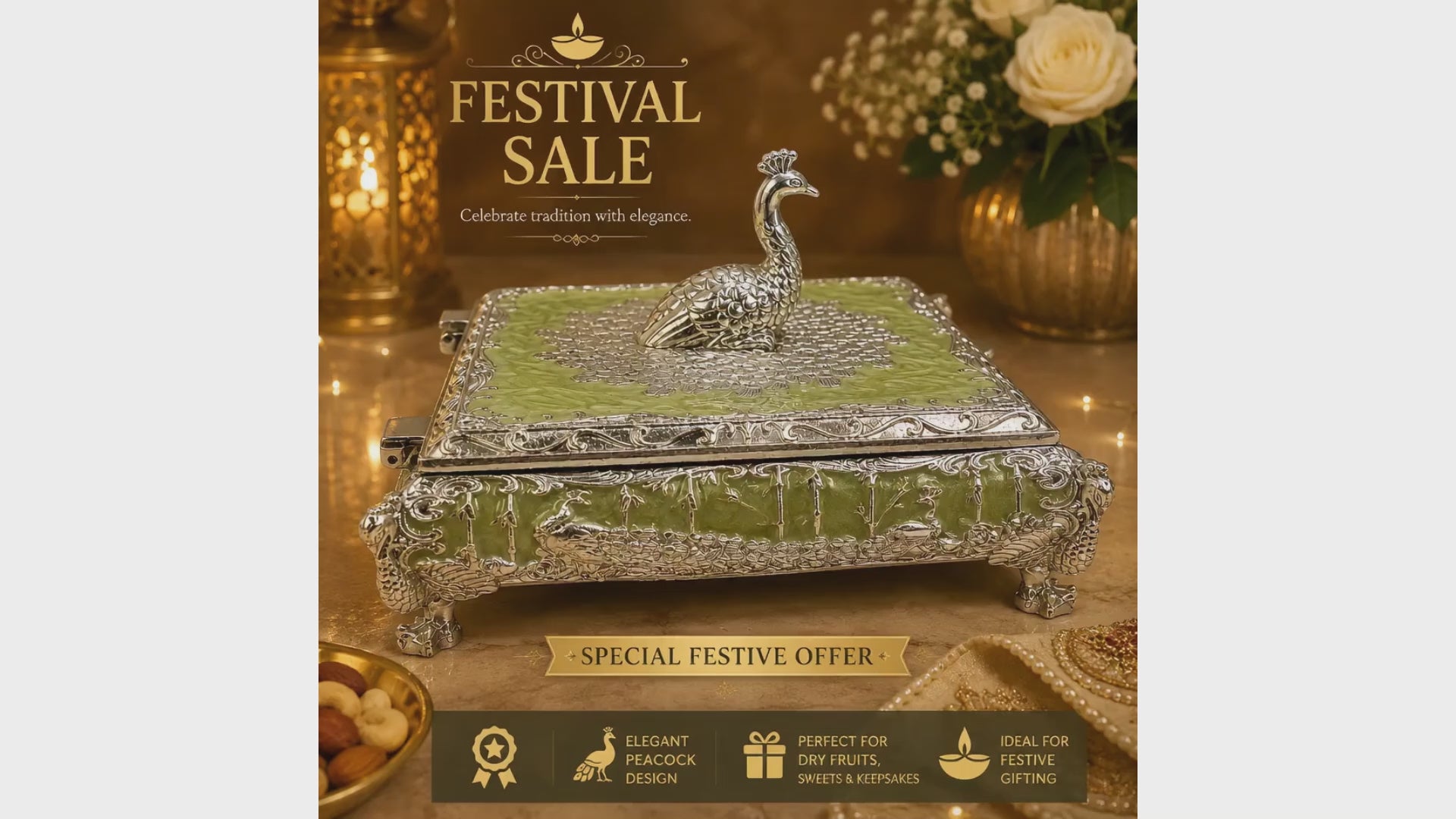 Silver Luxury Peacock Jewelry Box with Lid | Silver Decorative Trinket Box | Squre Storage Box | Wedding Gift | Vanity Organizer | Home Decor Accent