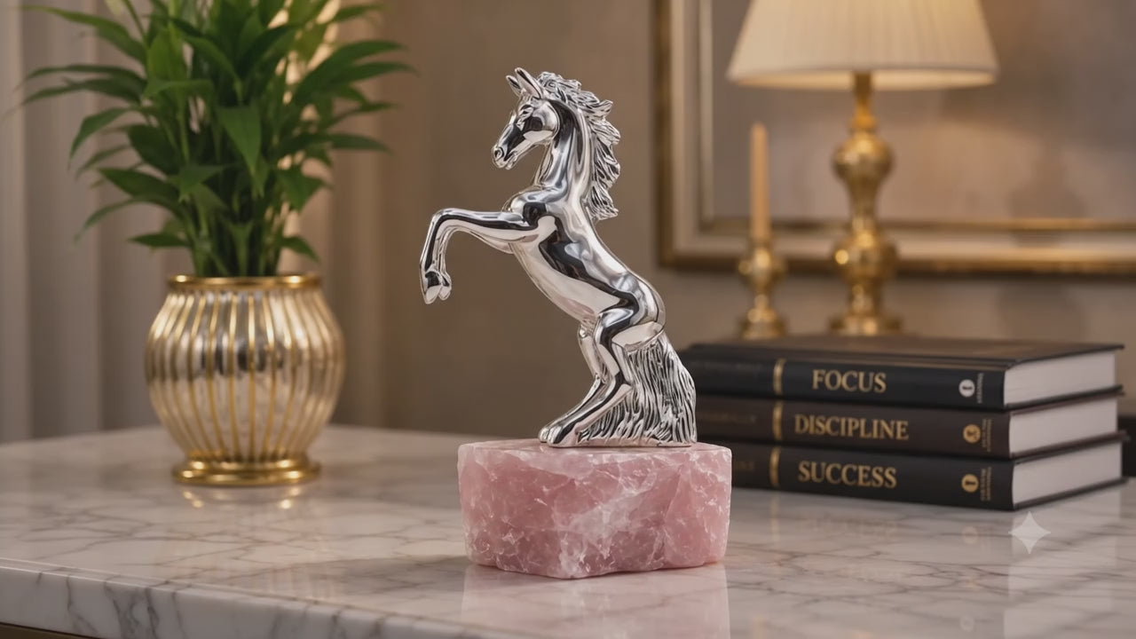 Luxury Silver Horse Showpiece on Natural Rose Quartz Crystal Base | Handcrafted Premium Home & Office Décor | Elegant Gift Item