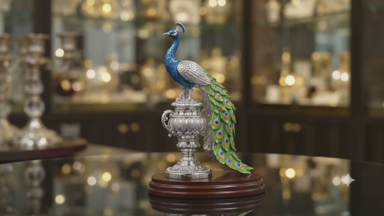 NatrIiel Decorative 999 Silver-Plated Peacock Figurine, Green and Silver