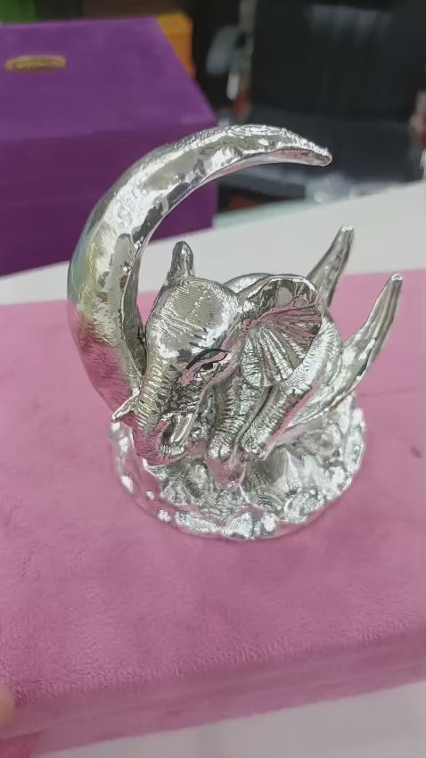 Silver-plated Gajraj Baby on Moon Figurine | Baby Elephant Decor | Lucky Animal Statue | Home Decor Accent | 4x5 Inch Collectible Gift