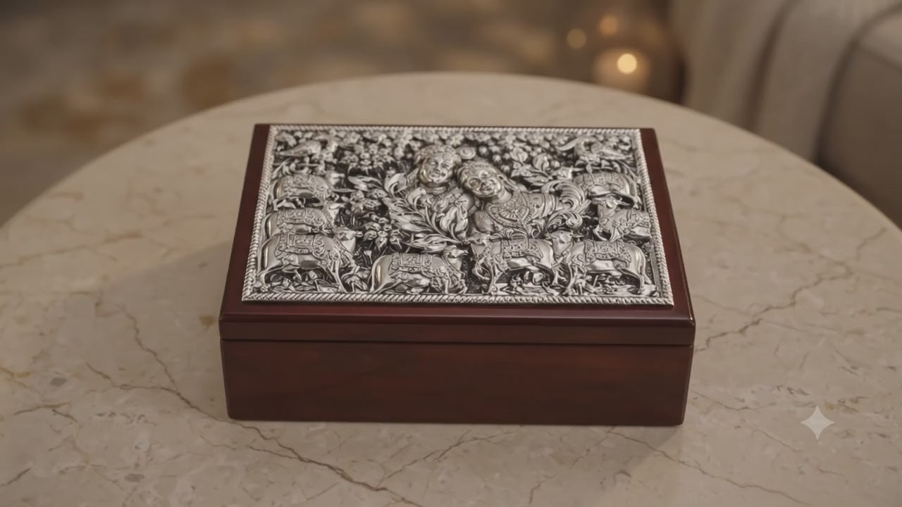 999 Silver Plated Radha Krishna Wooden Jewelry Box | Decorative Storage Box for Jewelry, Dry Fruits & Gift Items