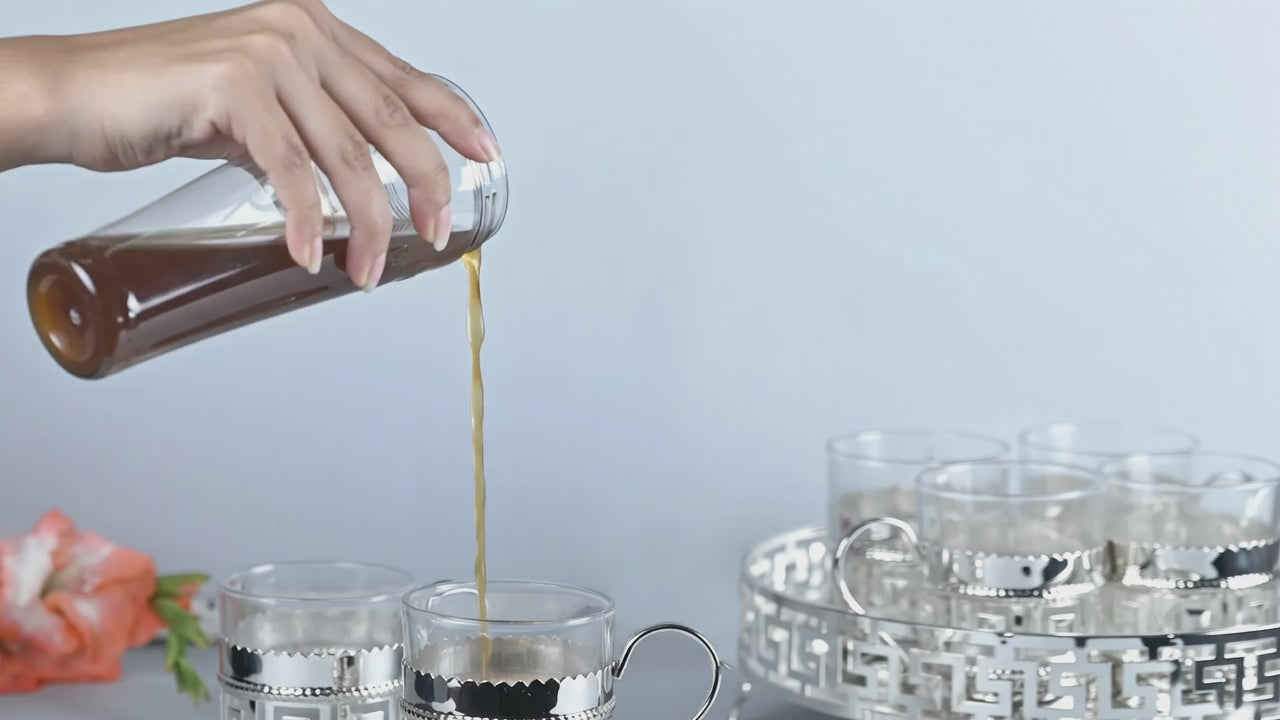 Kahwa Set Silver Plated Cup Set of 6 with Silver Plated Tray and Silver Plated Sugar Pot Ideal Gifts for Diwali, Christmas, Birthday Kawa Set