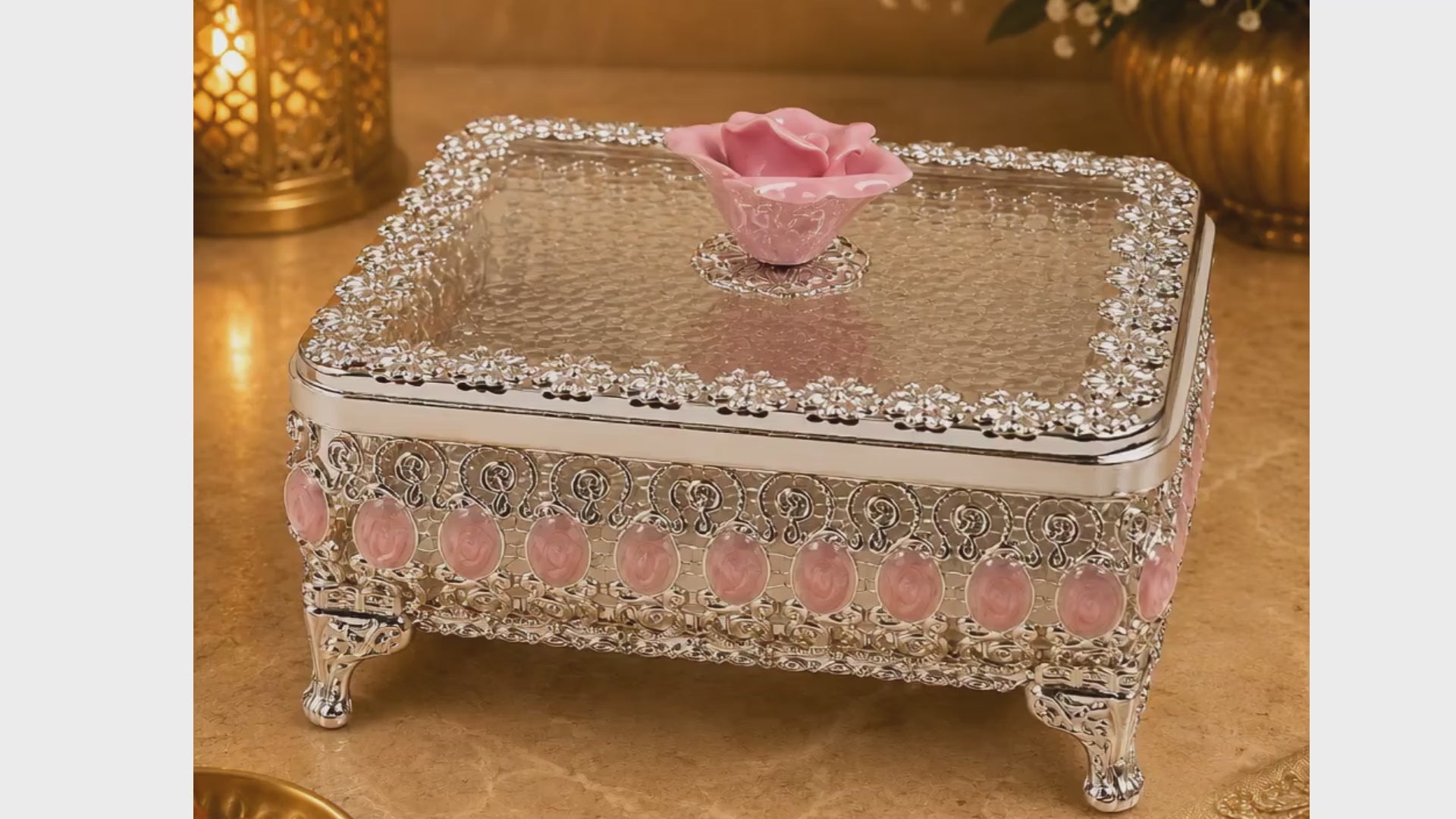 Luxury Silver Plated Dry Fruit Box with Pink Rose Accent | Decorative Dry Fruit & Candy Storage Box | Premium Wedding, Diwali & Housewarming Gift