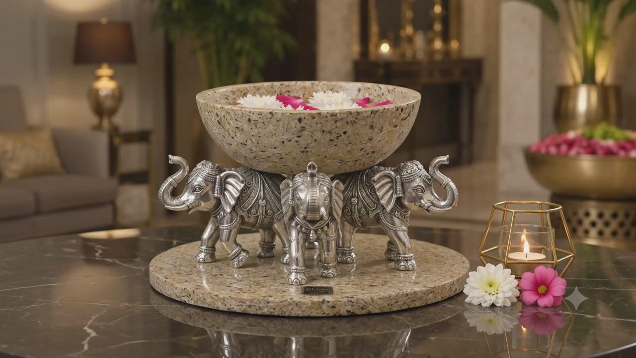 999 Silver Luxury Marble Finish Elephant Urli Bowl – Decorative Centerpiece for Home Décor, Floating Flowers & Festive Decoration