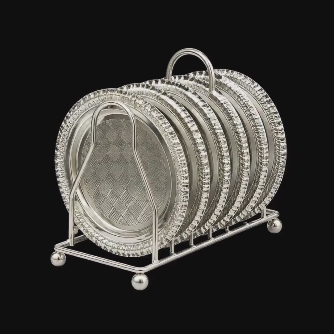Luxury Silver Tea Cup Coaster Set with Stand | 6 Metal Tea Cup Plates | Decorative Coaster Holder | Housewarming Gift