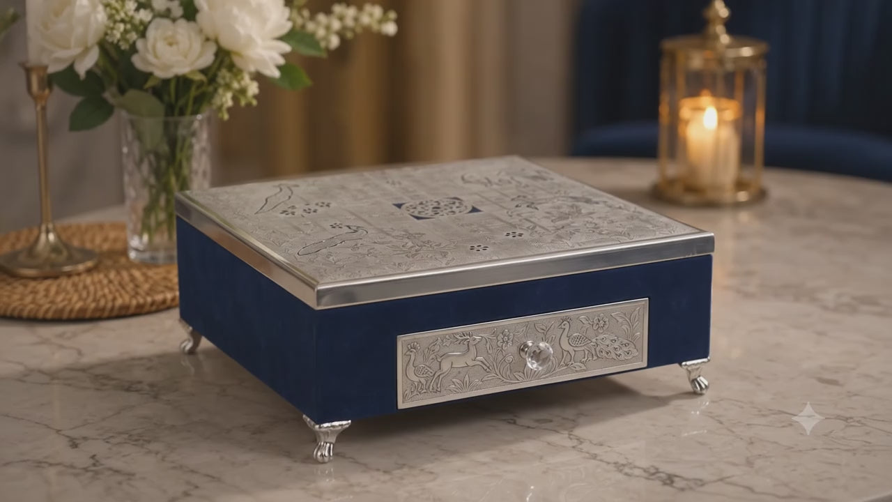Luxury Silver Plated Ludo Set with Velvet Storage Drawer | Handcrafted Decorative Ludo Board | Premium Gift & Home Décor