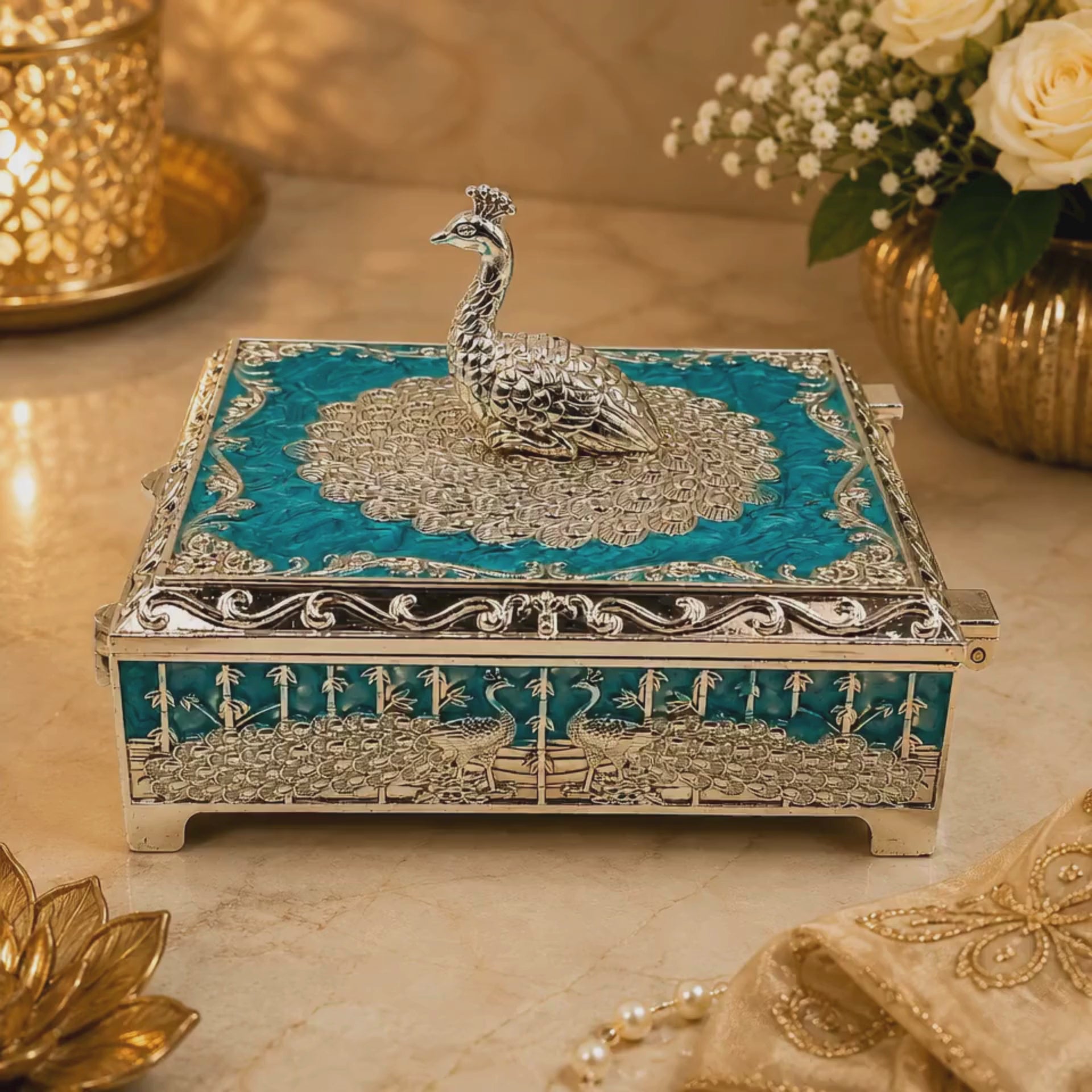 Luxury Peacock Jewelry Box with Lid | Silver Decorative Trinket Box | Squre Storage Box | Wedding Gift | Vanity Organizer | Home Decor Accent