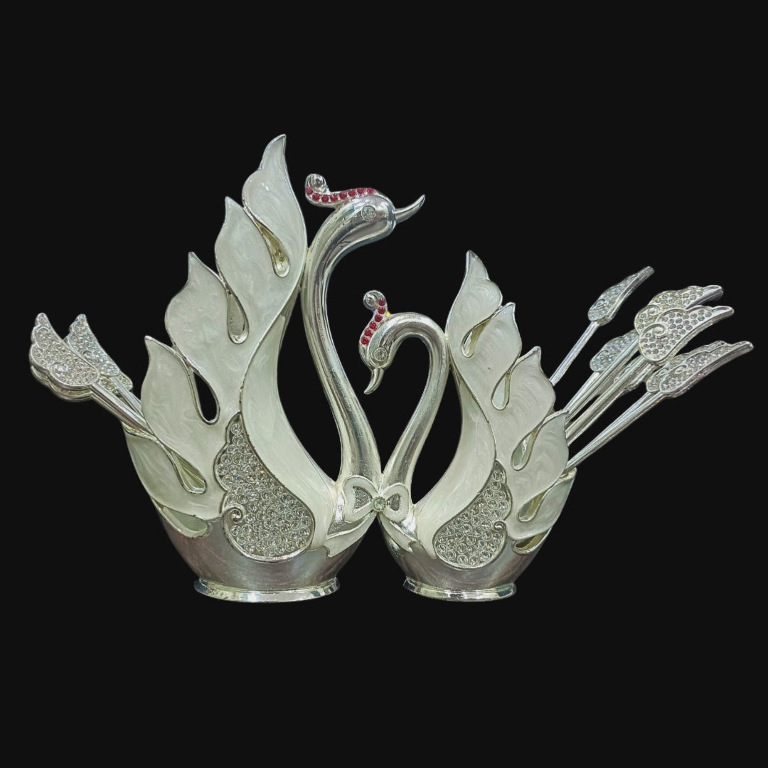 Silver Plated Swan Cutlery Holder Set with 6 Spoons & 6 Forks | Elegant Tableware & Serving Set | 16 cm Decorative Cutlery Stan