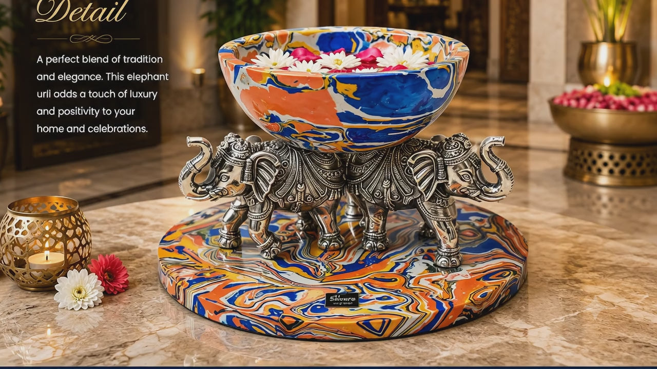 999 Silver Luxury Multy Colour Marble Finish Elephant Urli Bowl – Decorative Centerpiece for Home Décor, Floating Flowers & Festive Decoration
