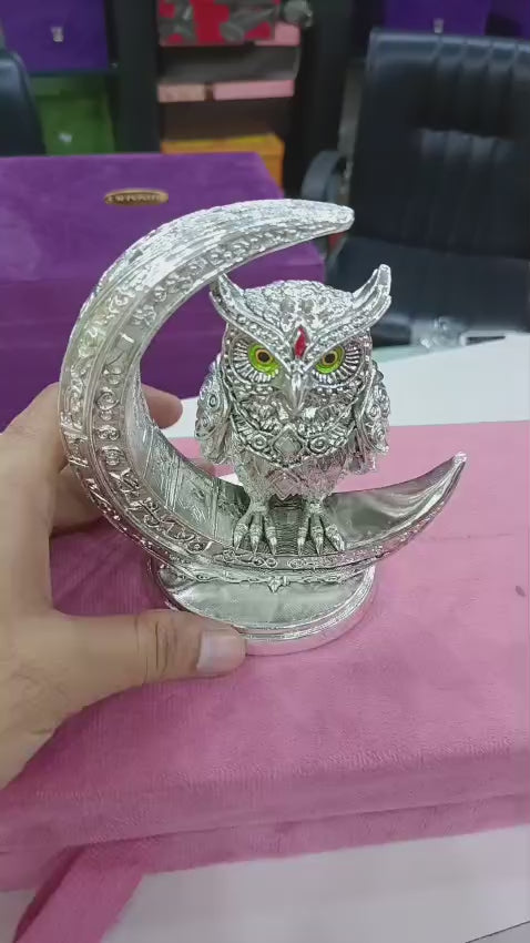 Silver Plated Owl on Crescent Moon Decorative Statue | Elegant Owl Figurine for Home Décor, Office & Gifting