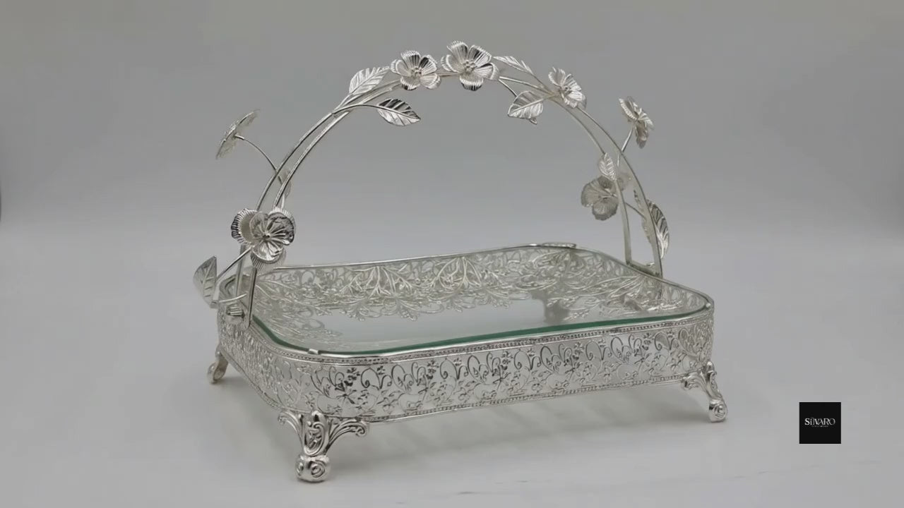 Premium Decorative Glass Serving Basket with Silver Floral Design – 33 × 23 × 22 cm | 1240g | Luxury Fruit & Dry Fruit Tray | Vintage Home Décor Gift