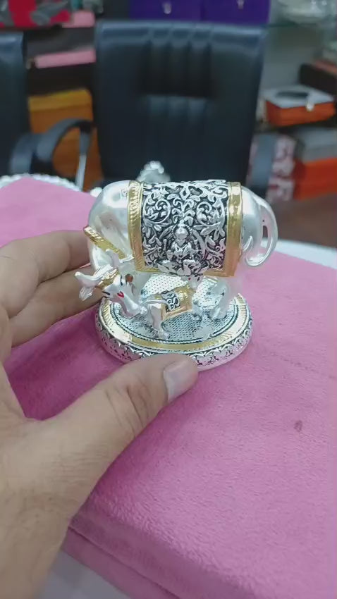 Silver and Gold Glossy Kamdhenu Cow with Calf Figurine | Divine Cow Idol for Home Temple | Lucky Vastu Showpiece | 3 Inch Collectible