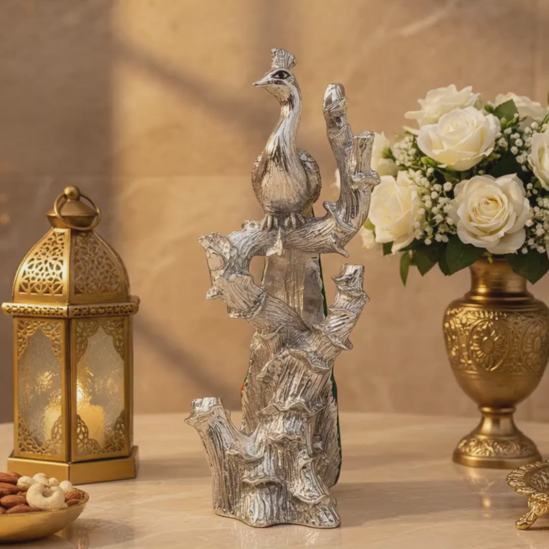 Silver Peacock Figurine Statue | Luxury Peacock Home Decor | Decorative Bird Showpiece | Housewarming Gift | Living Room Accent