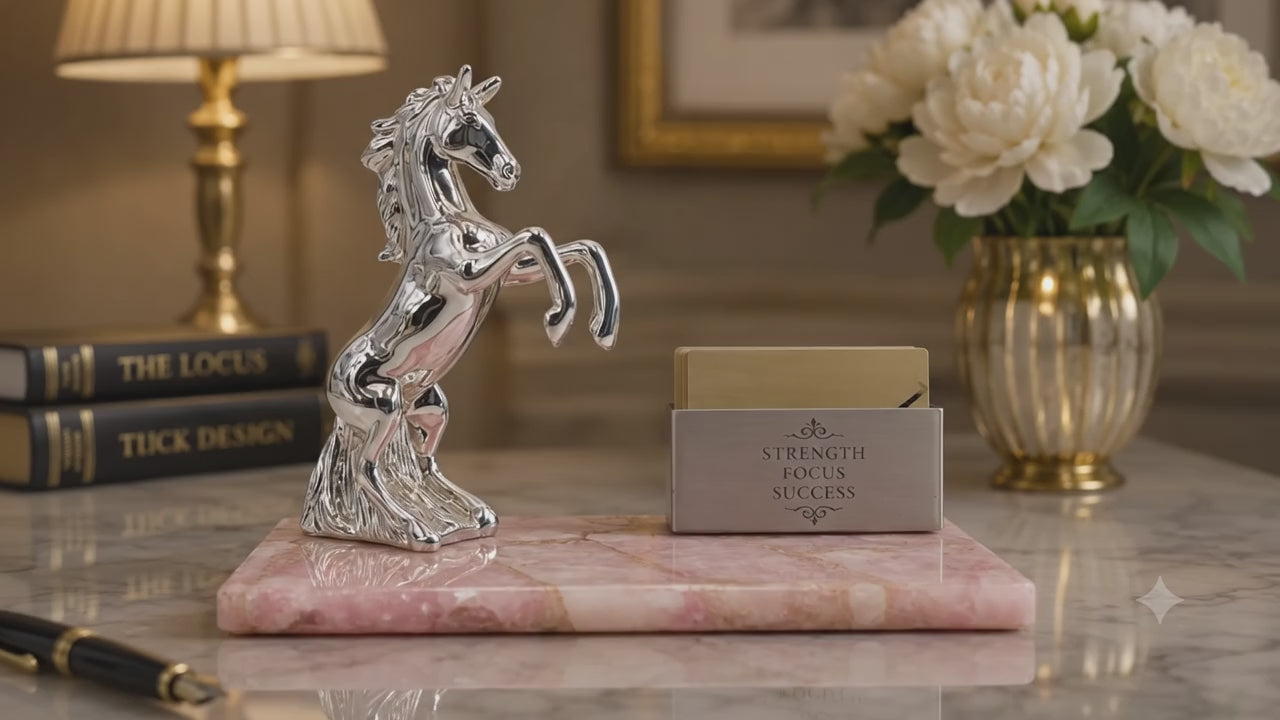 Luxury Silver Horse Business Card Holder with Pink Marble Base | Premium Office Desk Organizer | Elegant Corporate Gift & Home Décor