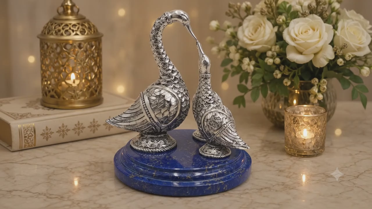 Silver 3 Swan Showpiece on Blue Marble Base | Luxury Decorative Bird Statue | Elegant Home & Office Décor | Handcrafted Gift Item