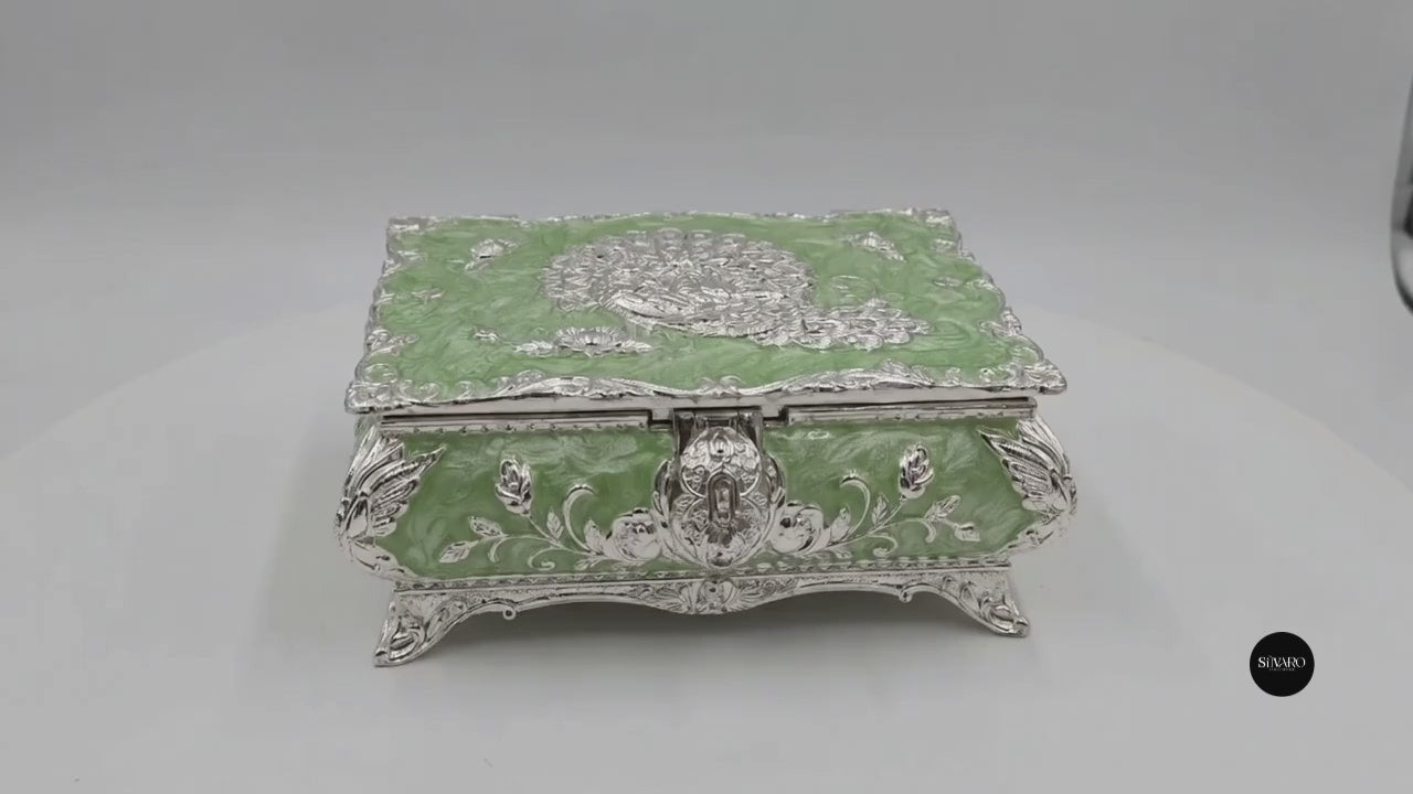 Luxury Green Peacock Embossed Jewelry Box with Silver Finish Size - 19x13x8CM - 750 Gram