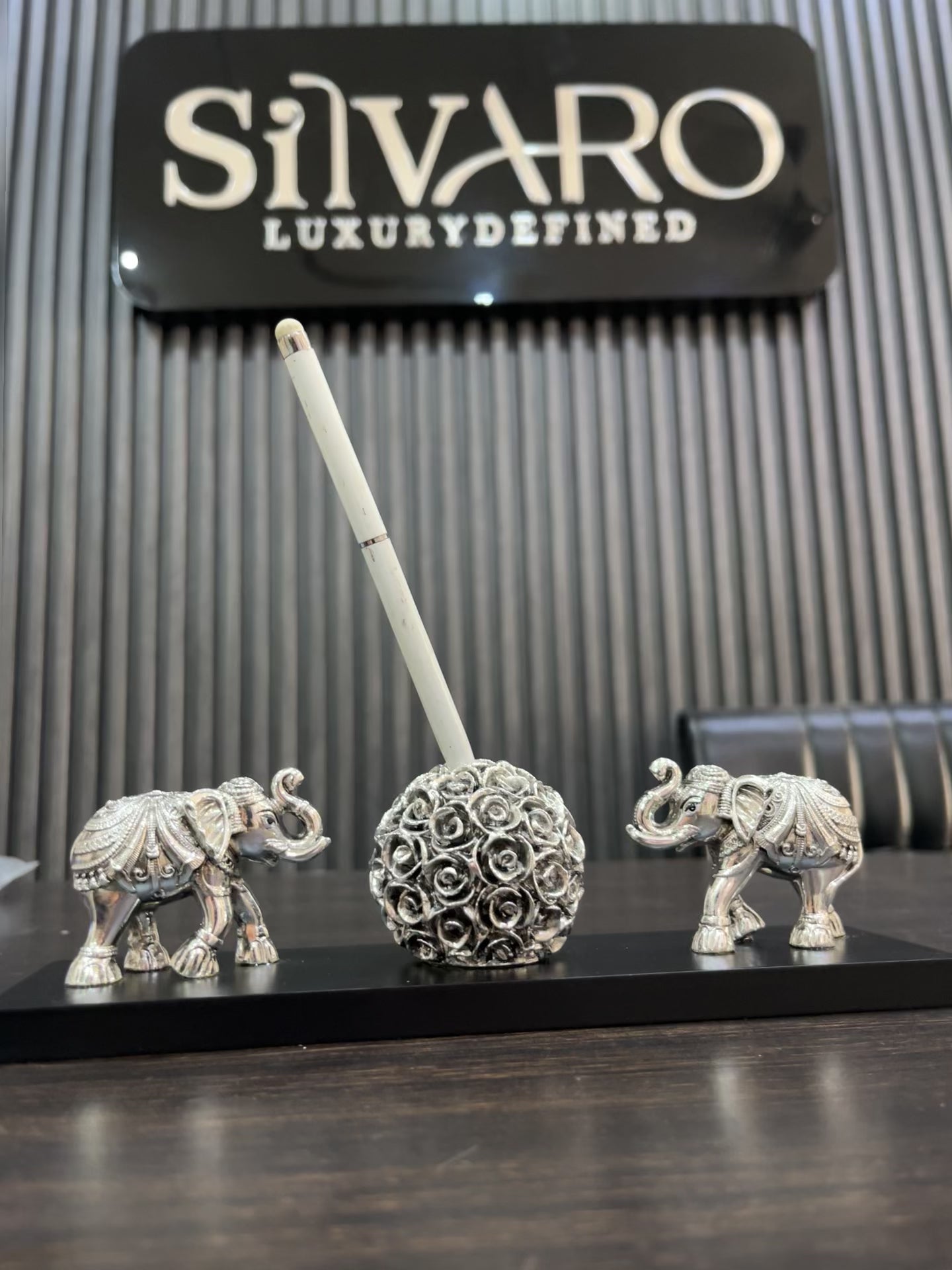 Resin Silver Elephant Holder Showpiece with Base for Home Decor, Gift, Diwali Decoration, Housewarming, Corporate Gifts