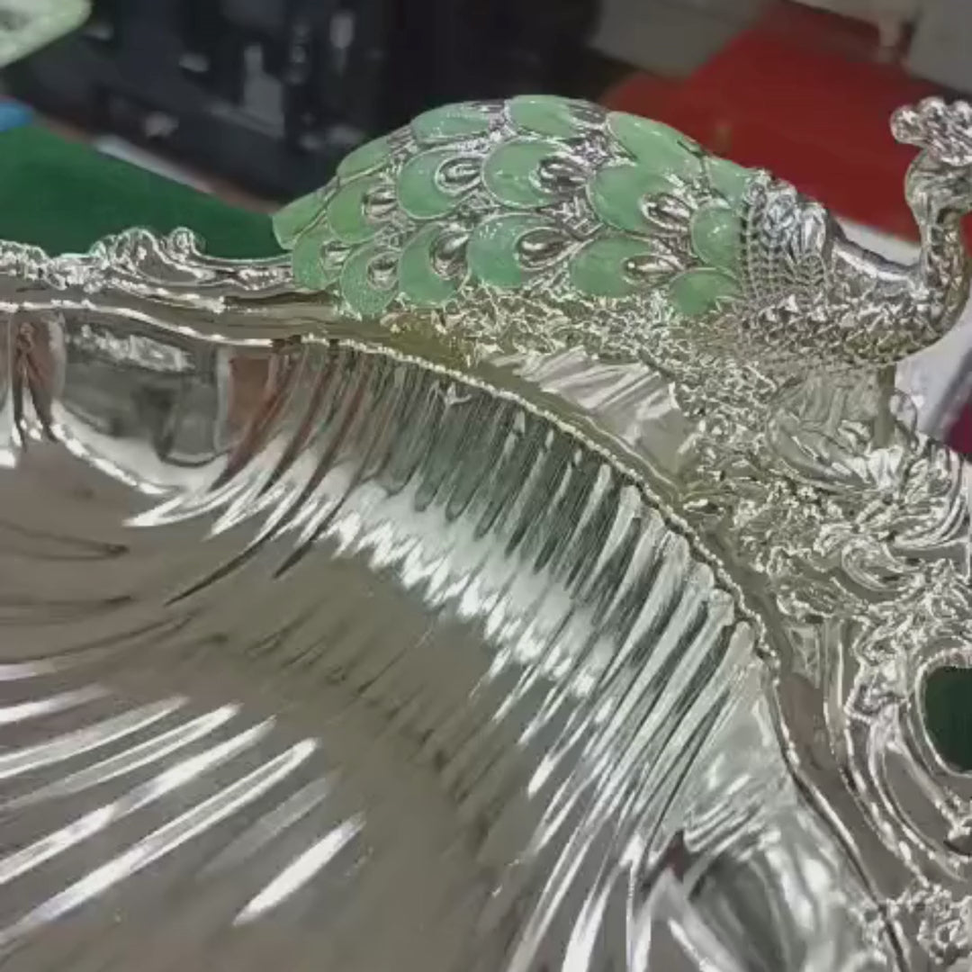 Silver Plated Peacock Sea Shell Seep Serving Tray | Elegant Table Centerpiece | Premium Home Décor & Festive Gifting