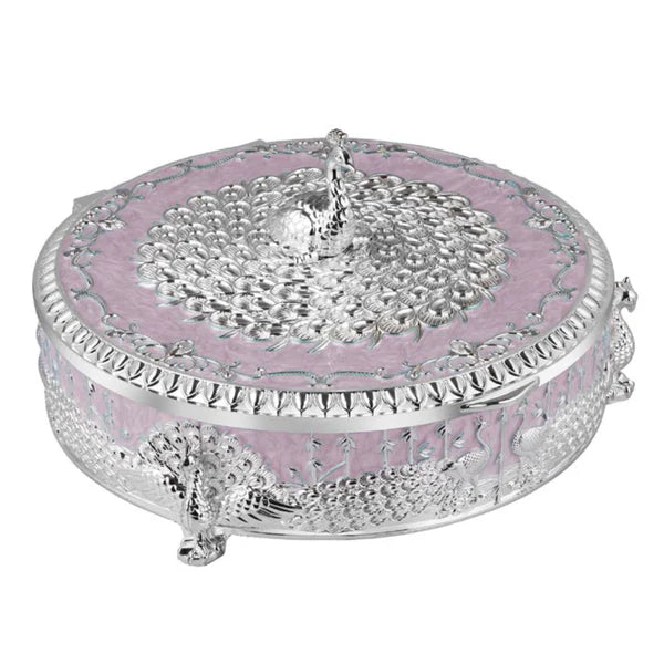 Luxury Peacock Jewelry Box with Lid | Silver Decorative Trinket Box | Round Storage Box | Wedding Gift | Vanity Organizer | Home Decor Accent