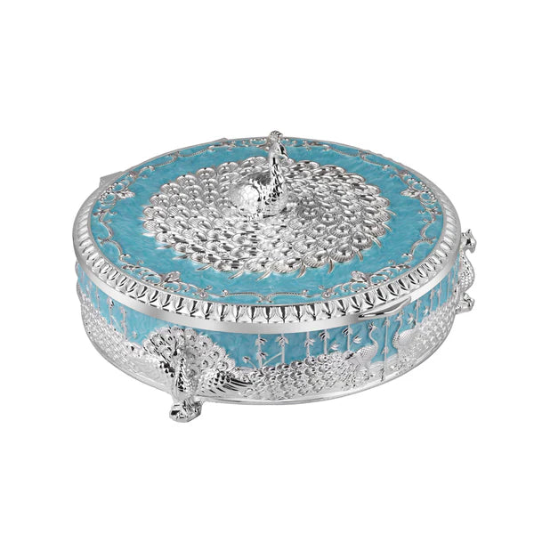 Luxury Peacock Jewelry Box with Lid | Silver Decorative Trinket Box | Round Storage Box | Wedding Gift | Vanity Organizer | Home Decor Accent